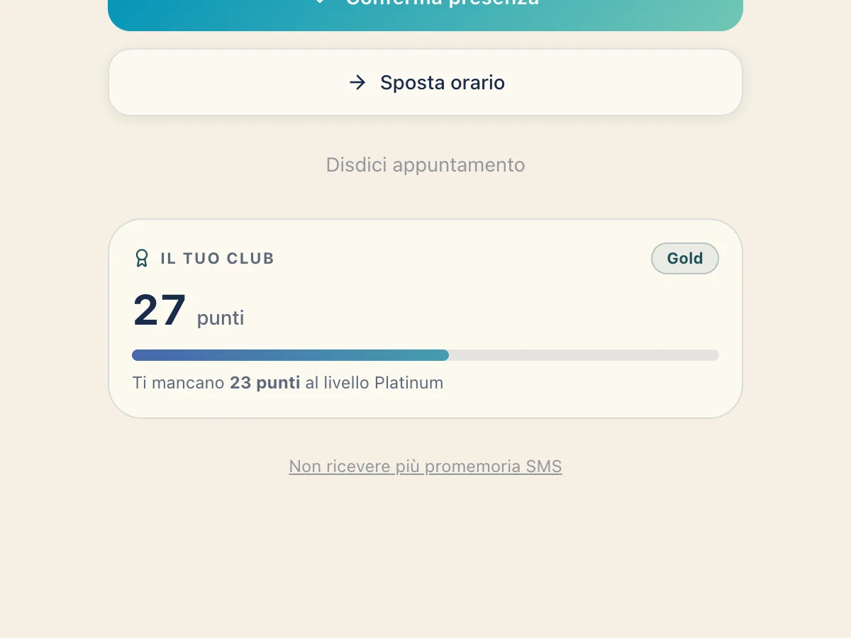 Riquadro «Il tuo Club» nella pagina dell’appuntamento: livello Gold, saldo di ventisette punti e la riga che dice quanti punti mancano al livello successivo