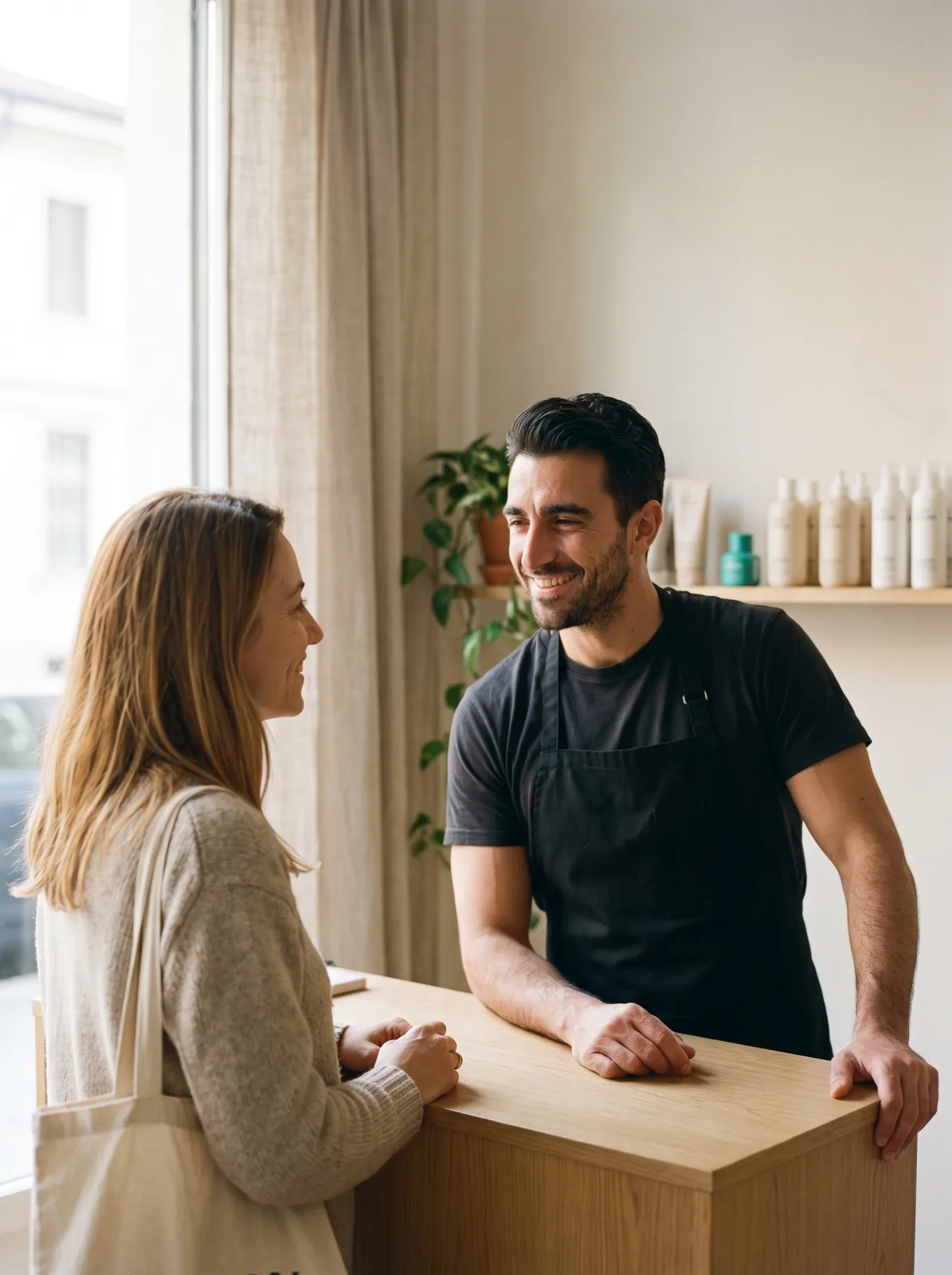 Il titolare e una cliente che si salutano sorridendo al bancone, a fine appuntamento