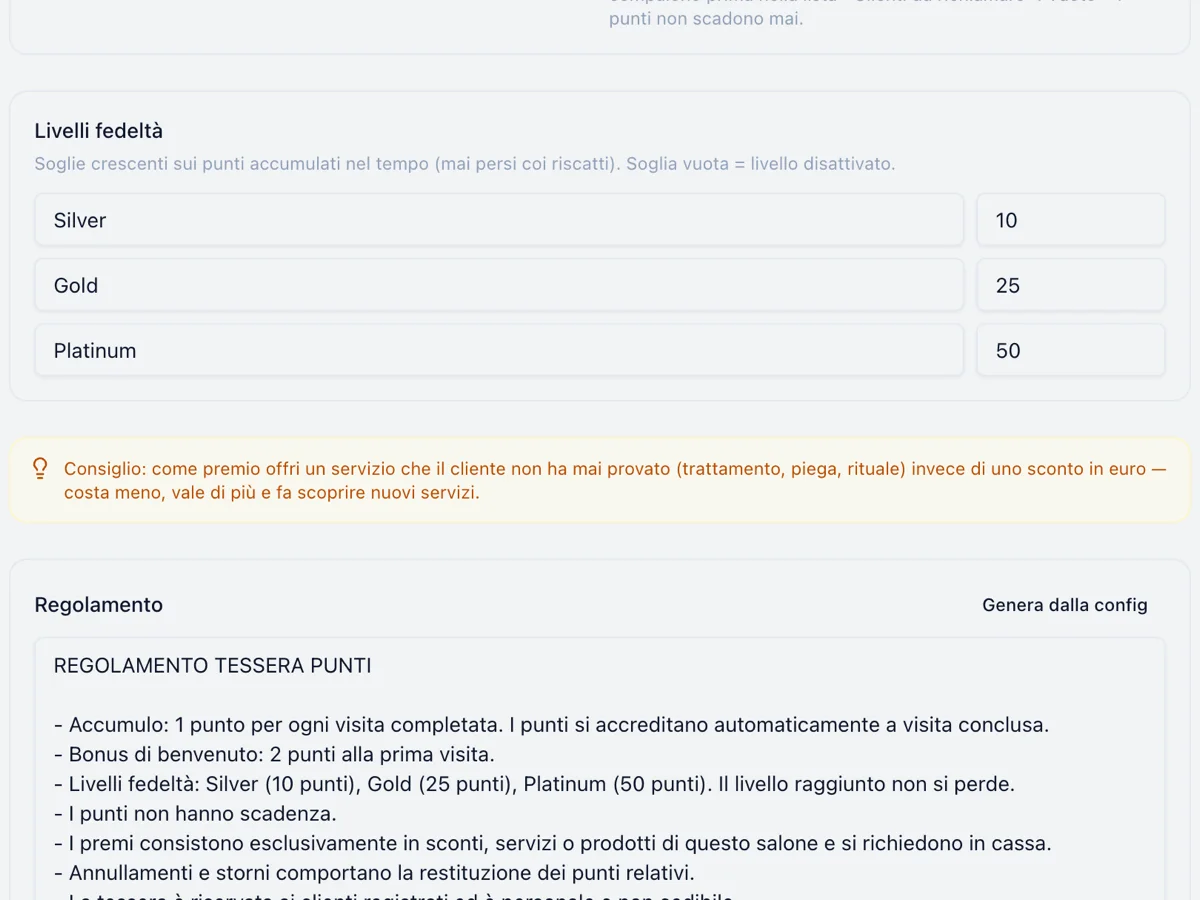 Regolamento della tessera punti generato dalla configurazione, aperto in un campo di testo modificabile accanto al tasto «Genera dalla config»