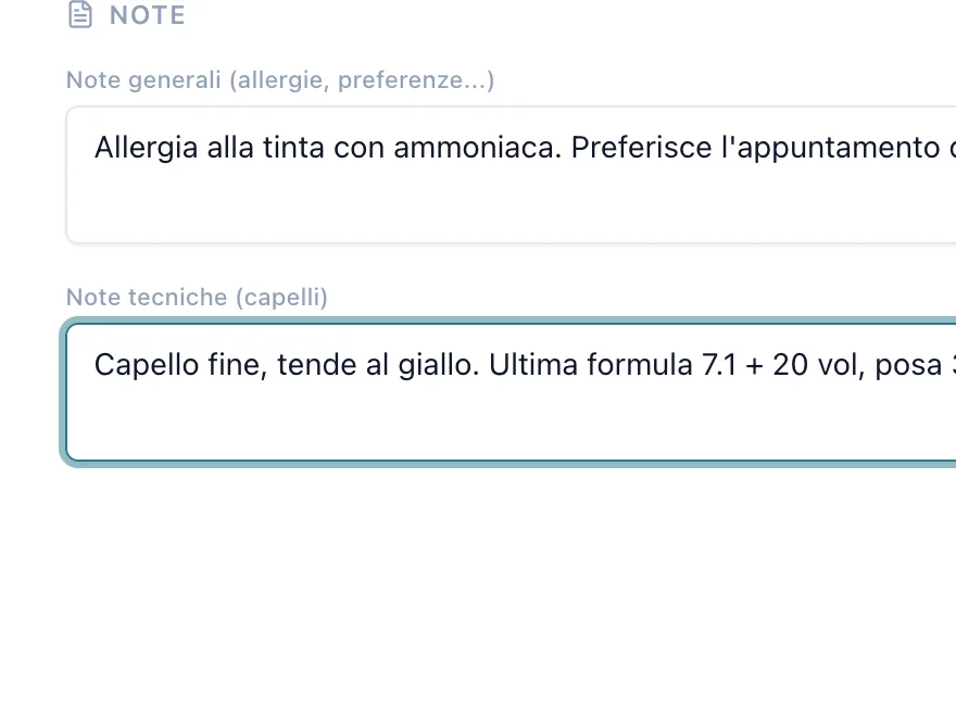 I due campi note della scheda cliente: «Note generali» con allergie e preferenze, «Note tecniche» con formula, volumi e tempo di posa