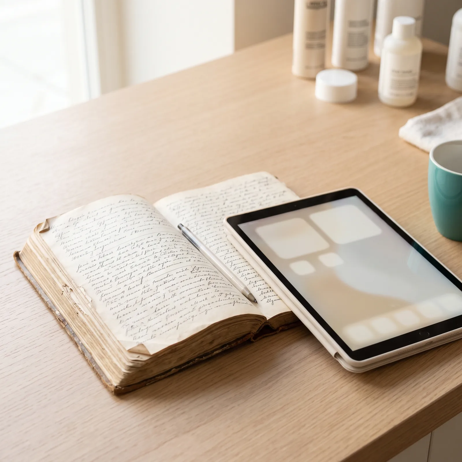 Agenda cartacea vecchia accanto a un tablet