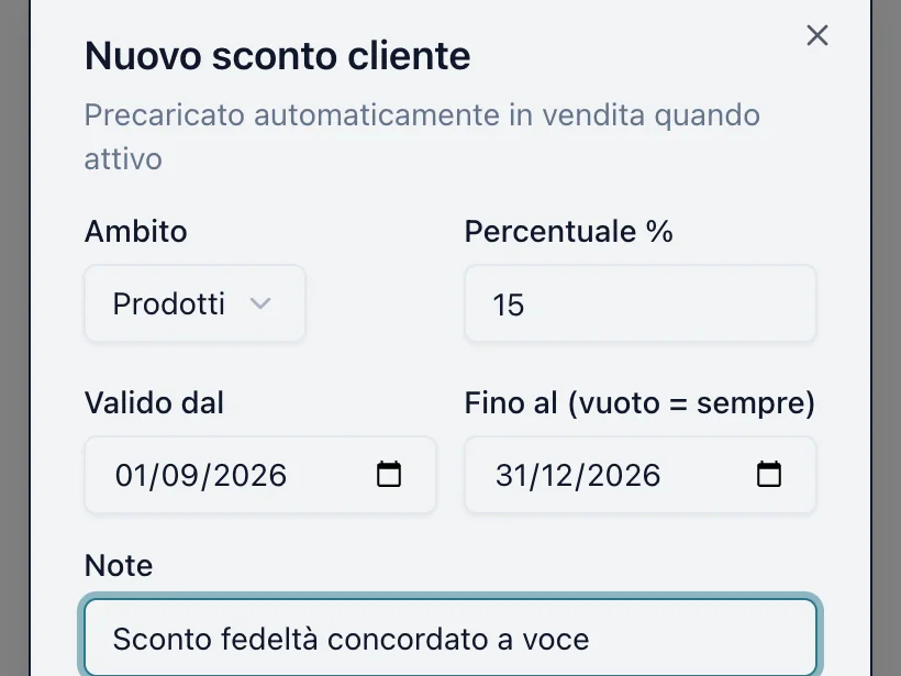 Form dello sconto dedicato a un cliente: ambito, percentuale, data di inizio e data di fine validità