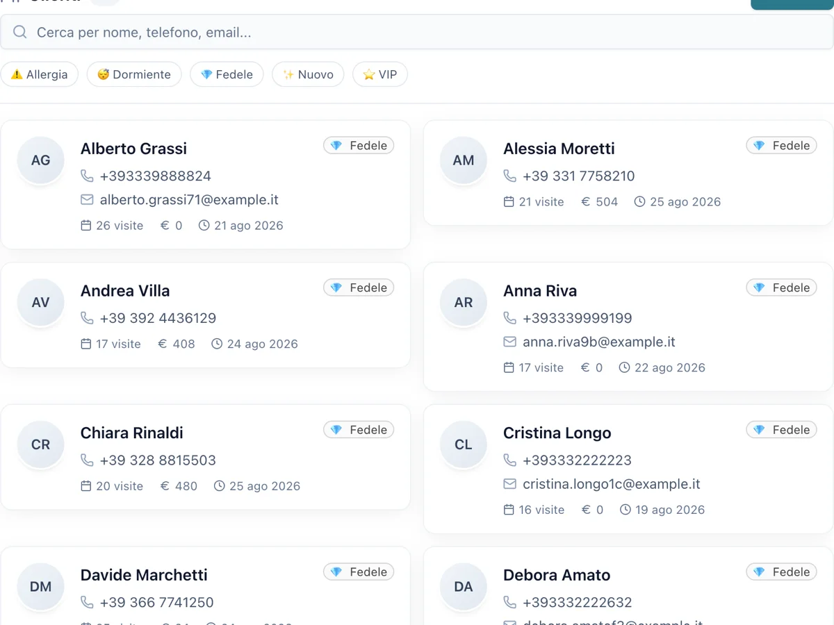 Elenco clienti di Velarys con la barra di ricerca, i filtri Dormiente, Fedele, Nuovo e VIP, e le schede che portano la loro etichetta
