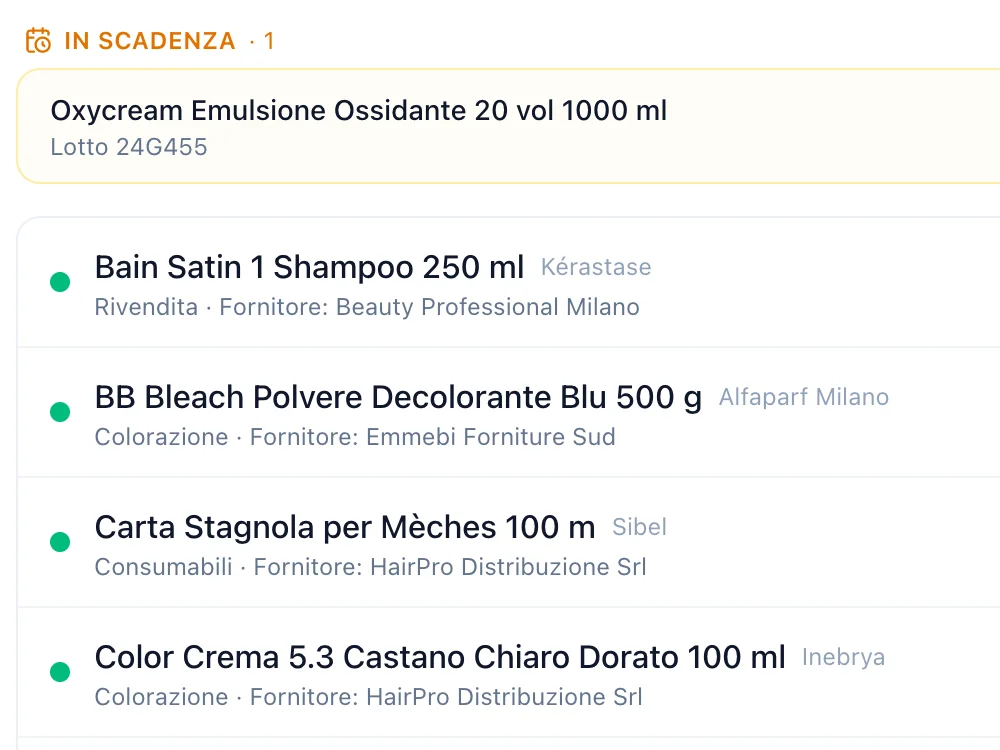 Avviso «In scadenza» in cima al magazzino: il prodotto col suo numero di lotto, la quantità rimasta e la data in cui scade
