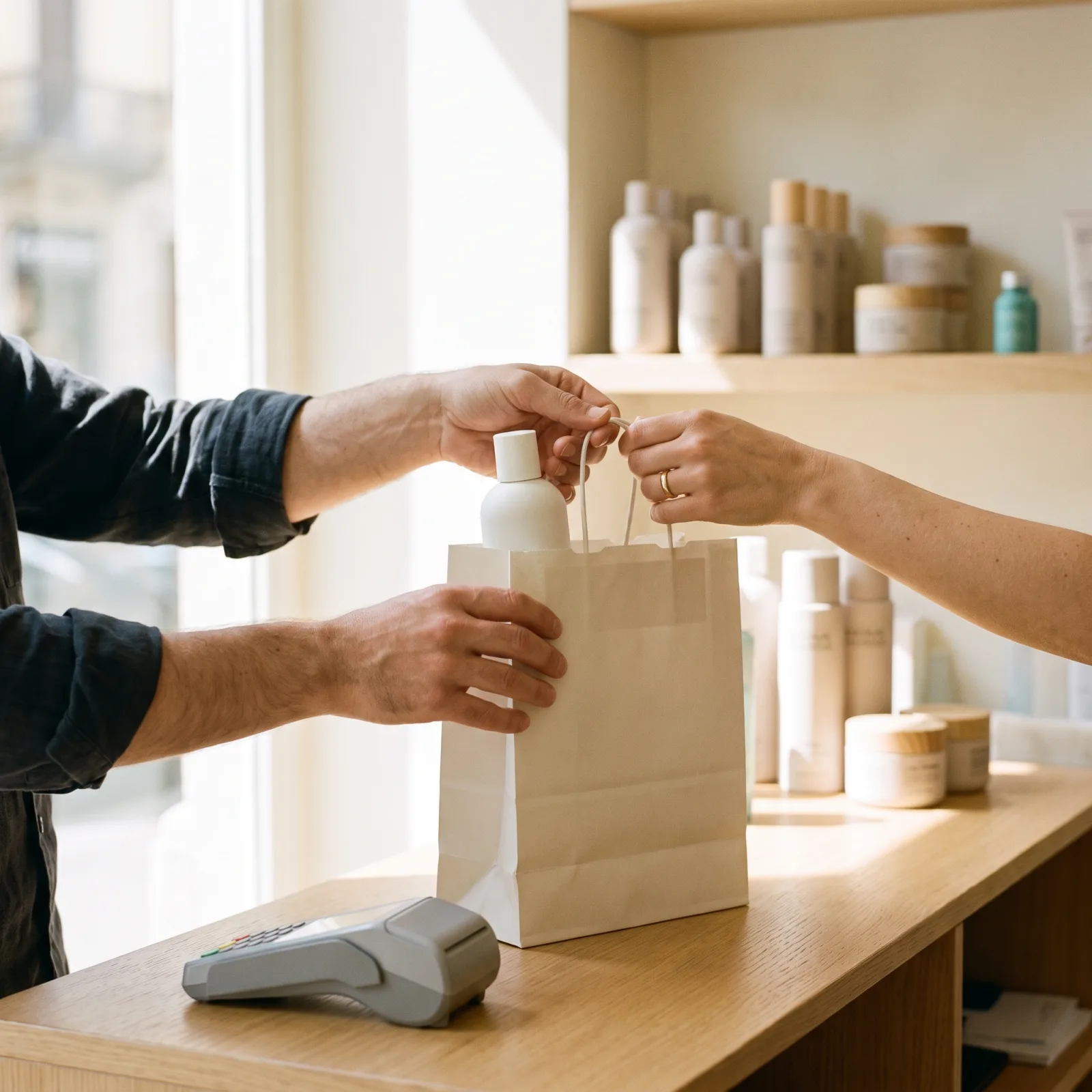 Il sacchetto col prodotto che passa dalle mani del salone a quelle del cliente