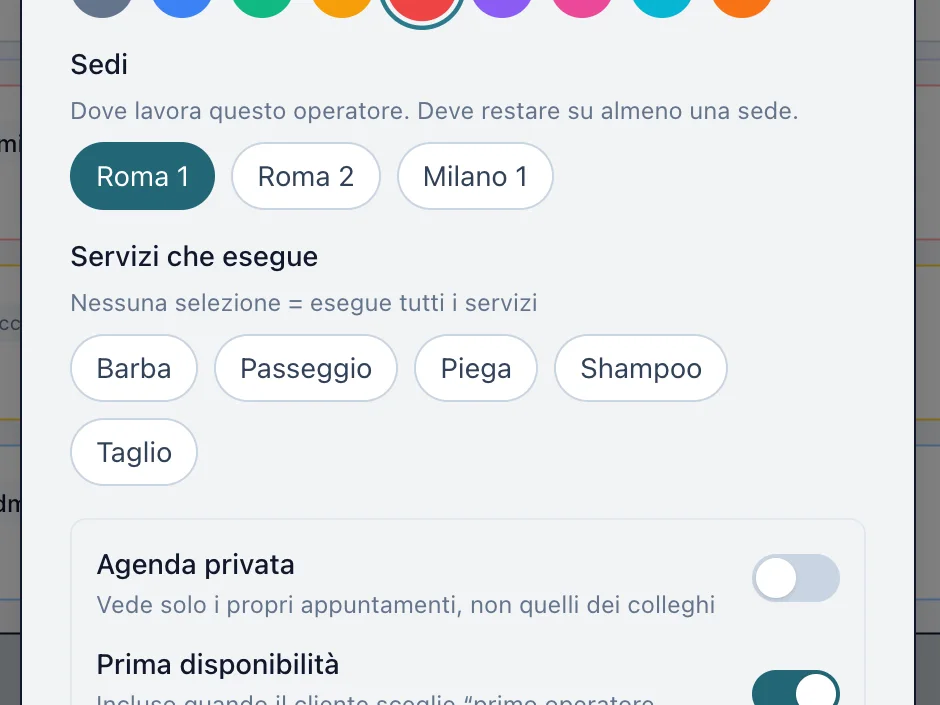 Scheda di un operatore in Velarys: le sedi in cui lavora, con Roma 1 selezionata fra Roma 2 e Milano 1, e i servizi che esegue