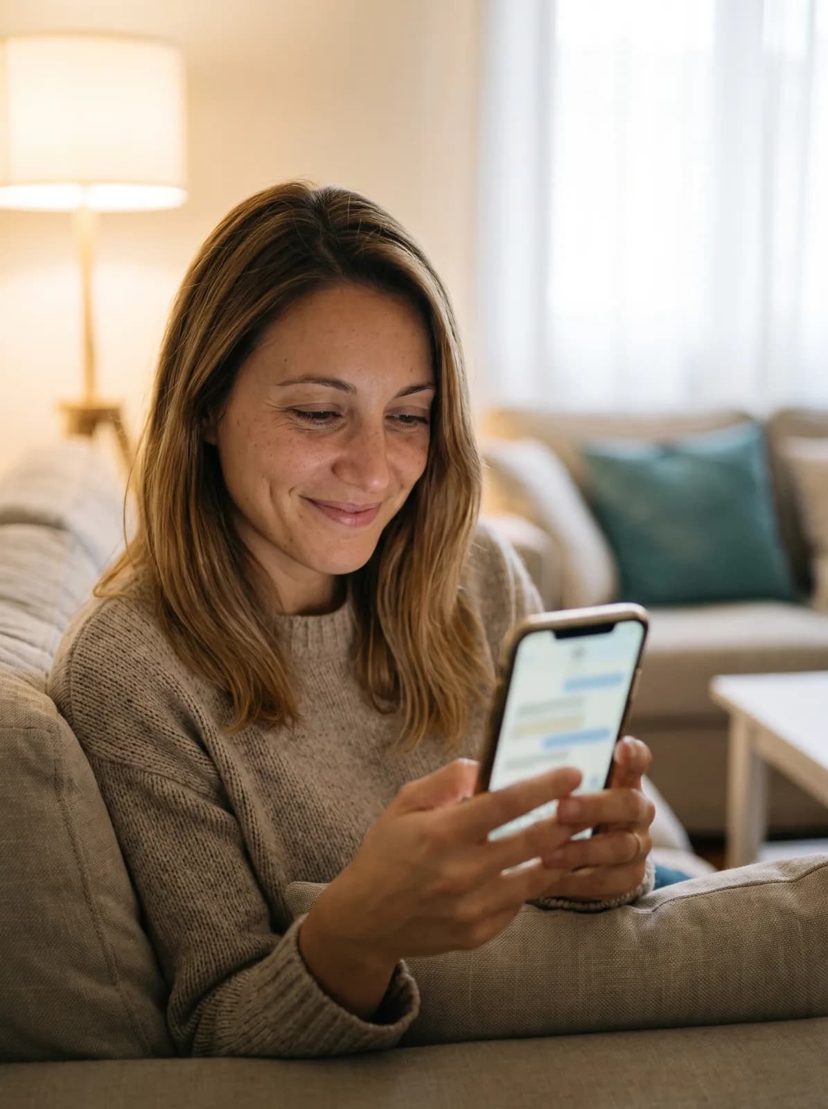 Una cliente sul divano di casa che sorride mentre sceglie l’orario dal telefono