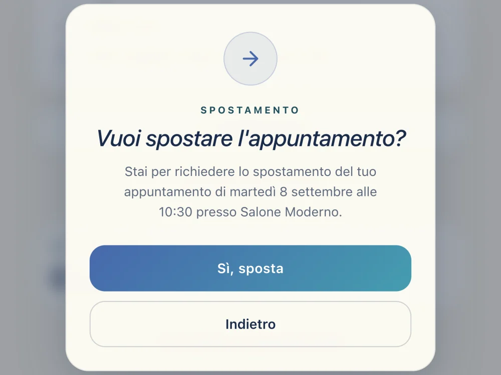 Richiesta di spostamento dalla pagina personale dell’appuntamento: il riepilogo di giorno e ora e i tasti «Sì, sposta» e «Indietro»