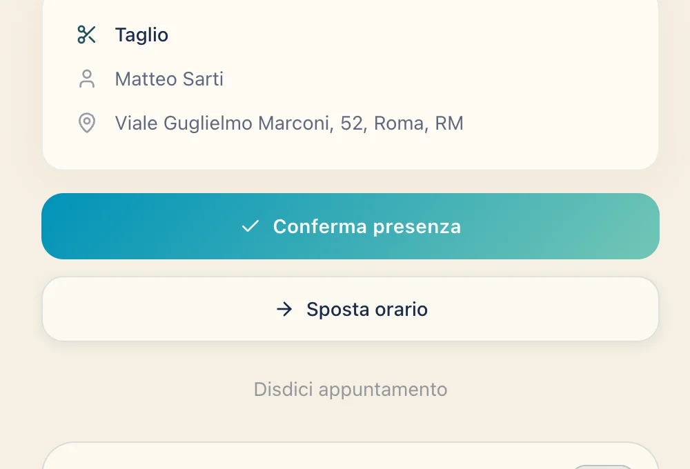 Pagina che il cliente apre dal link nel promemoria: il servizio con operatore e indirizzo, e i tasti per confermare, spostare o disdire