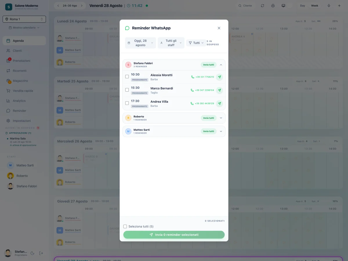 Pannello reminder di Velarys: i messaggi WhatsApp in sospeso, pronti da inviare