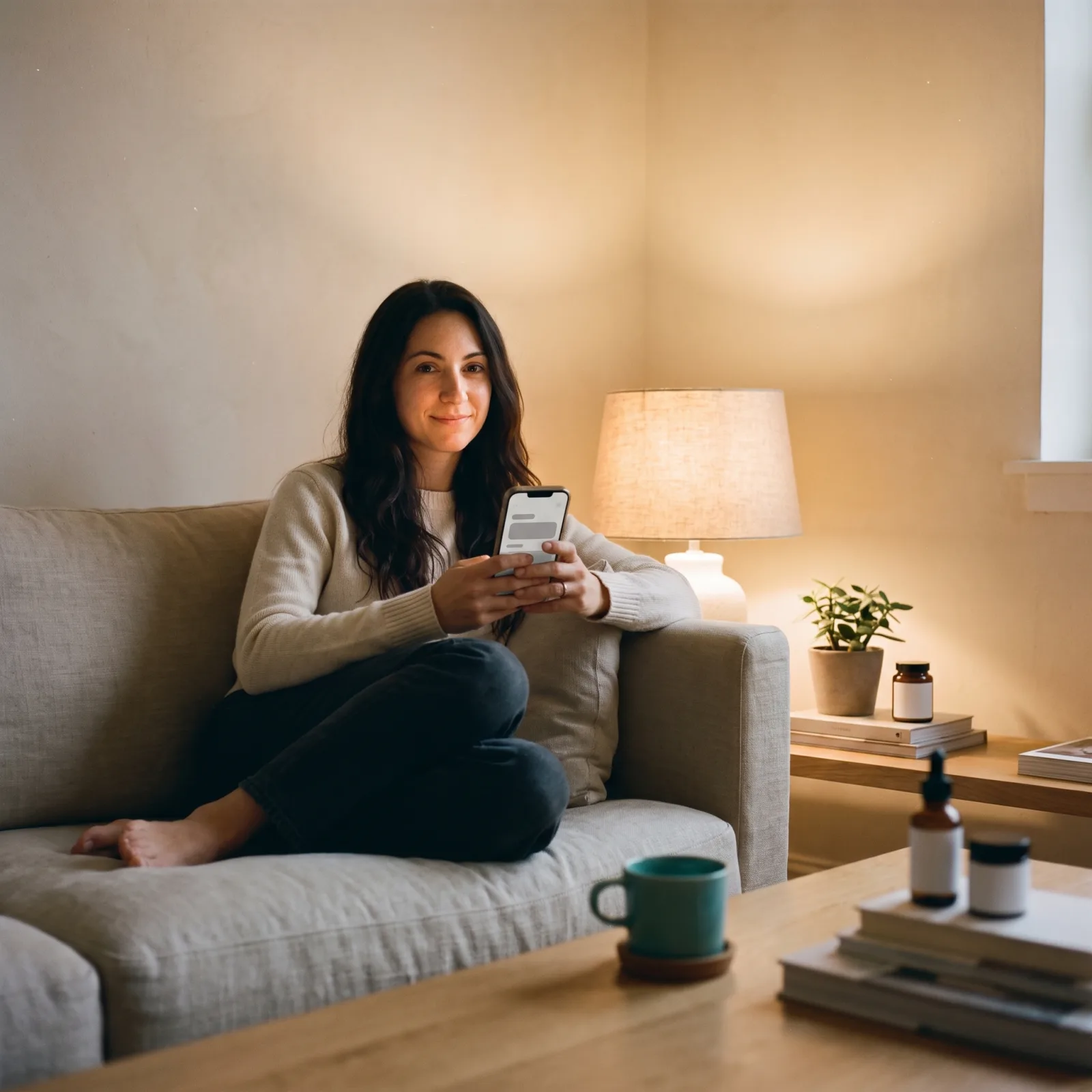 Cliente che prenota dal divano di casa la sera, soddisfatta