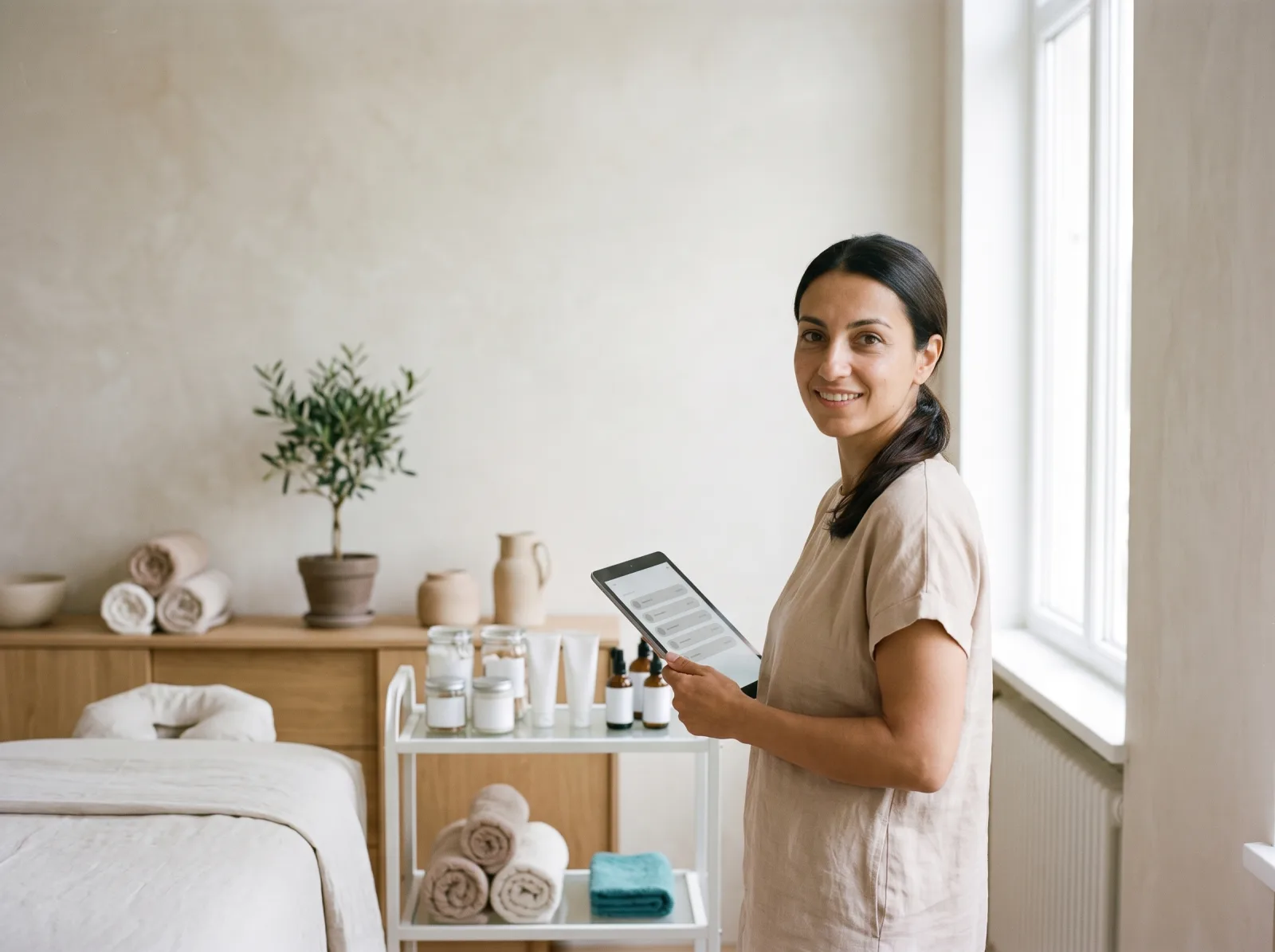 Estetista che rilegge le note tecniche sul tablet accanto al lettino preparato, sorridente