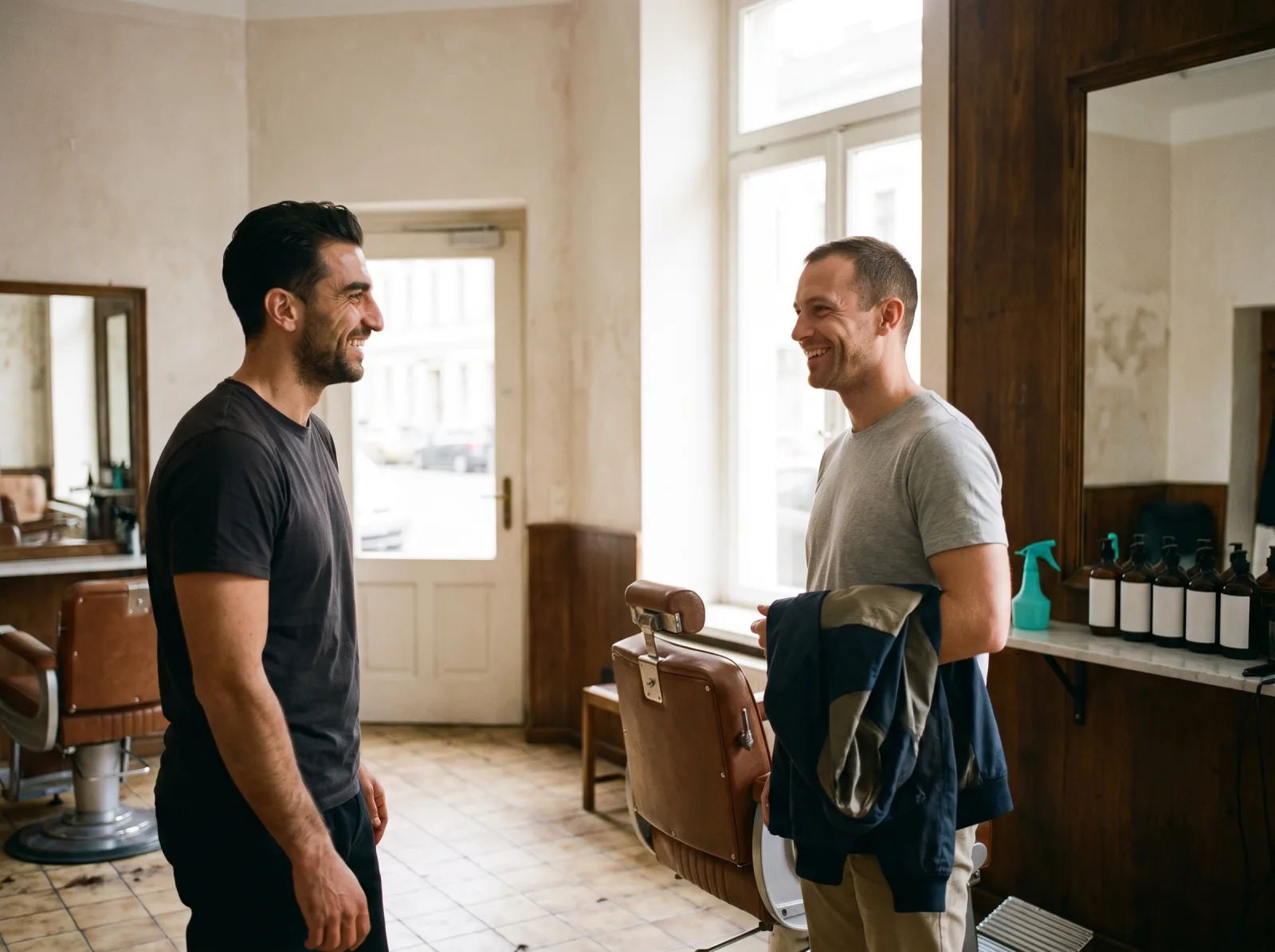 Barbiere che accoglie il cliente abituale appena entrato, tutti e due sorridenti nel negozio illuminato