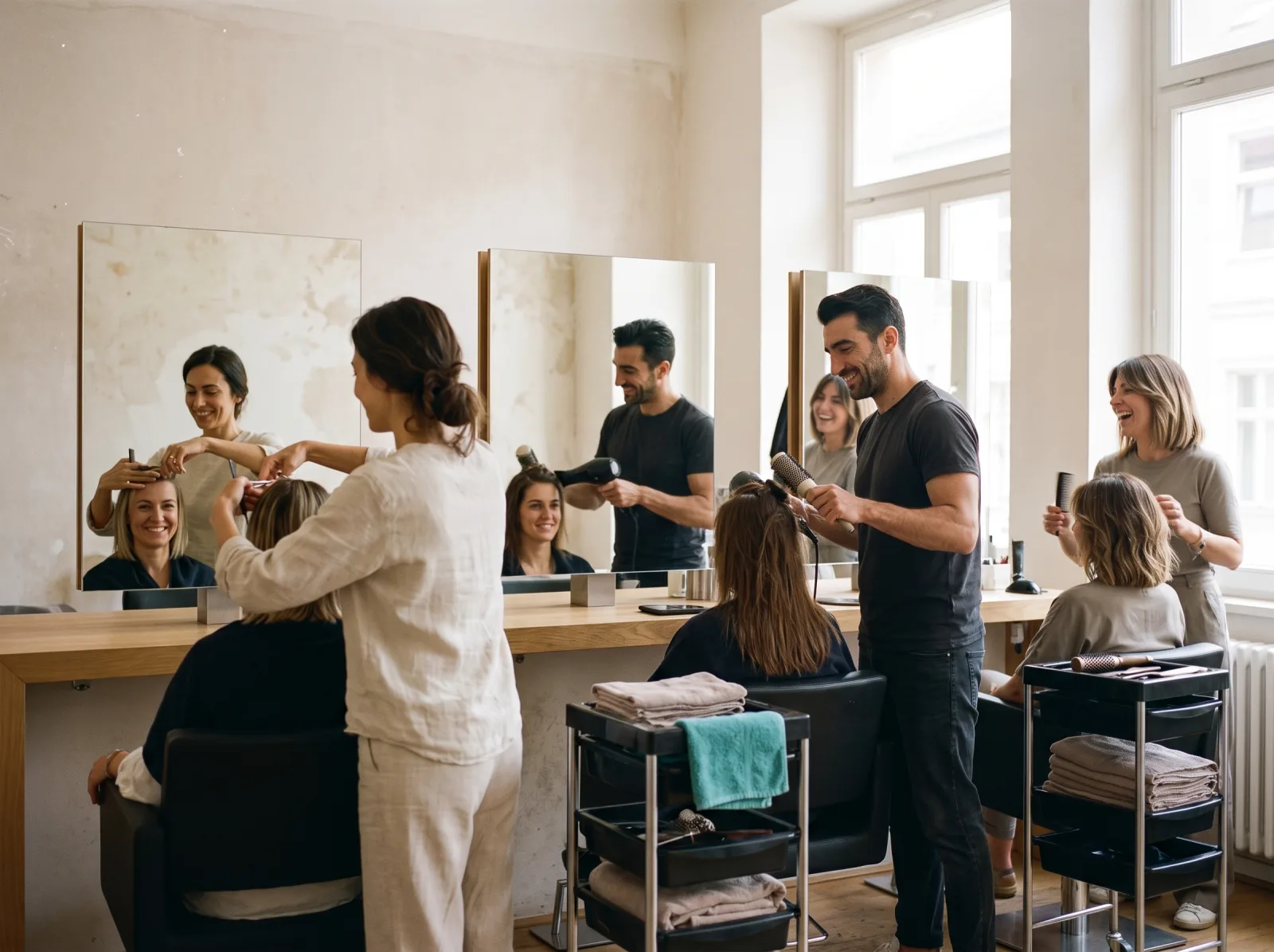 Tre postazioni al lavoro nello stesso momento, i visi dei parrucchieri e delle clienti riflessi negli specchi