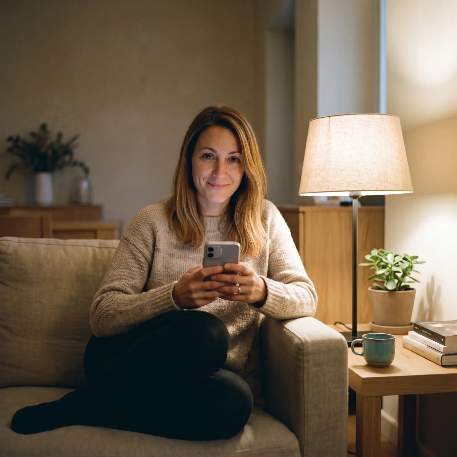 Cliente che prenota dal divano di casa la sera, soddisfatta