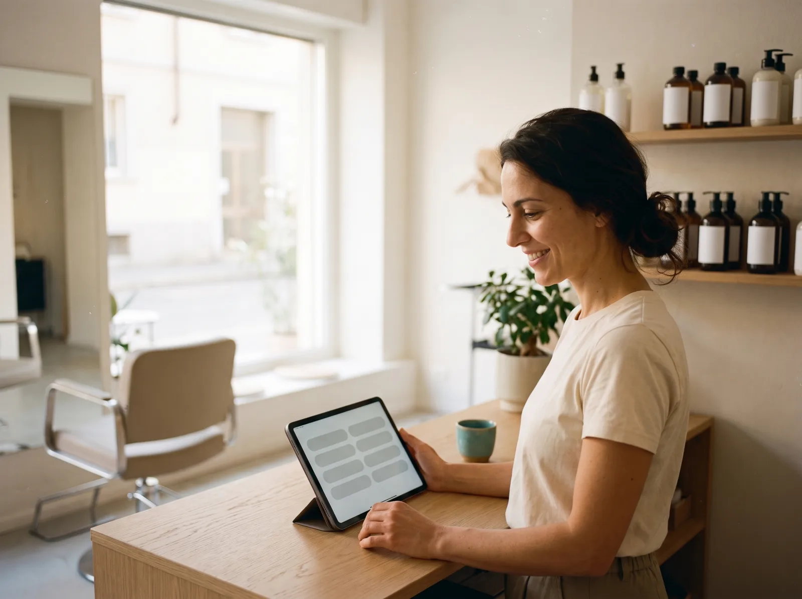 Titolare al bancone che guarda sul tablet chi non passa da un po’, salone aperto e luminoso alle sue spalle