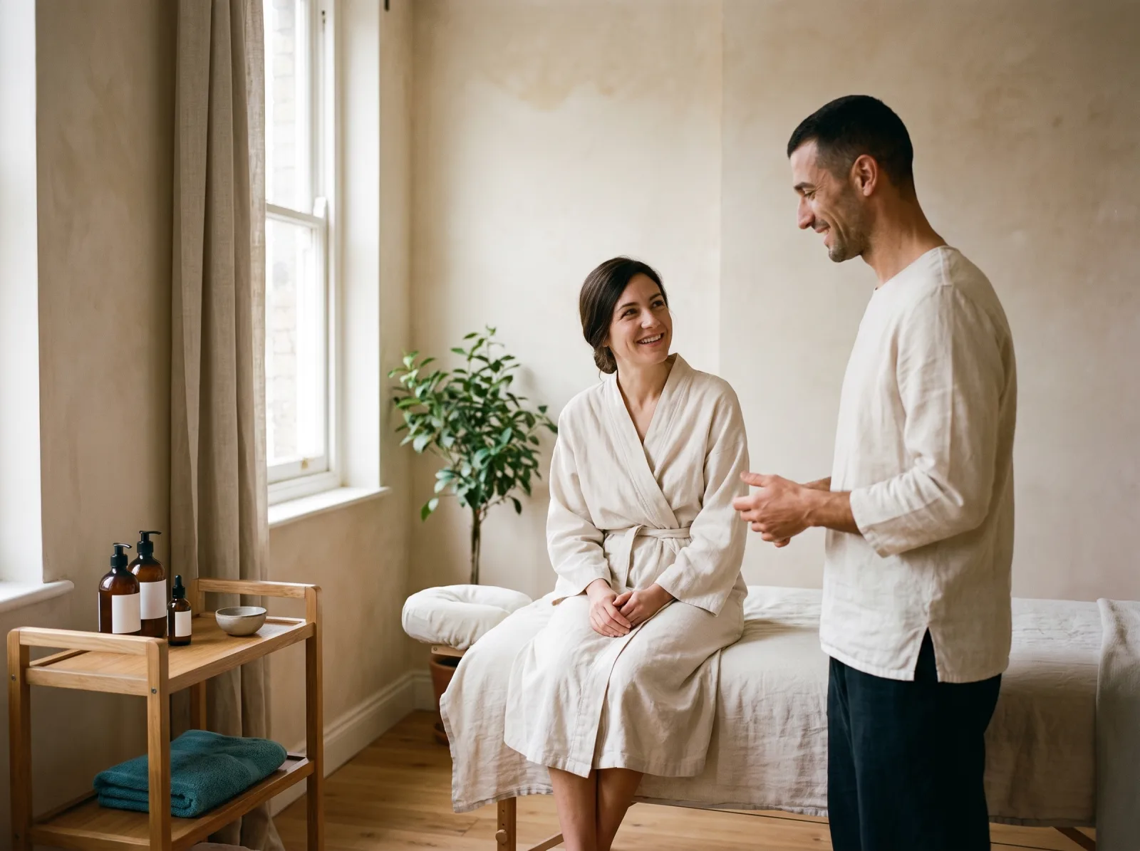 Massaggiatore e cliente che si parlano sul lettino prima della seduta, tutti e due sorridenti nella luce della finestra