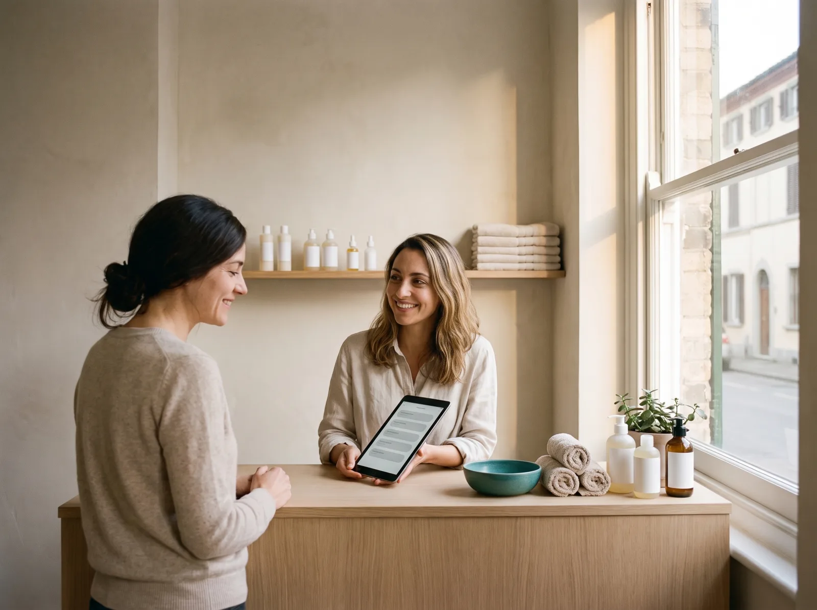 Cliente accolta al bancone della reception, tutte e due sorridenti, sala luminosa