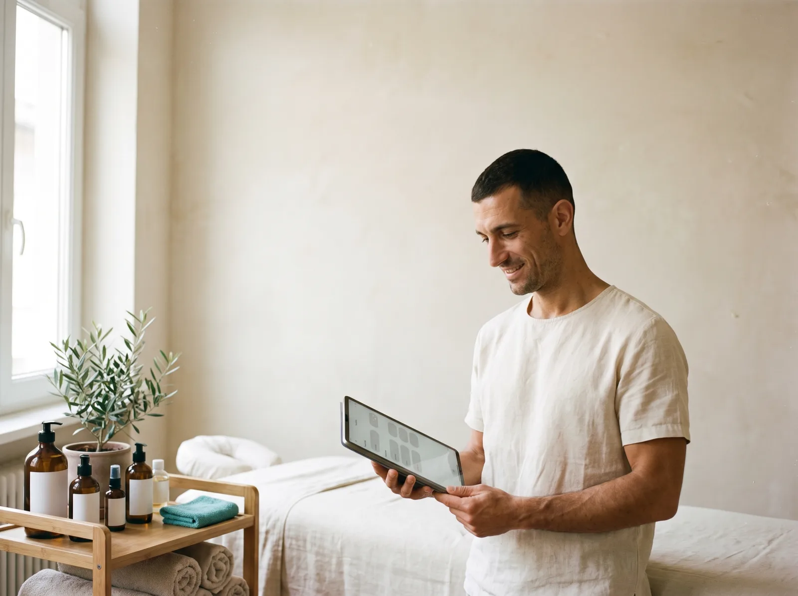Massaggiatore che rilegge le note della scheda sul tablet accanto al lettino preparato