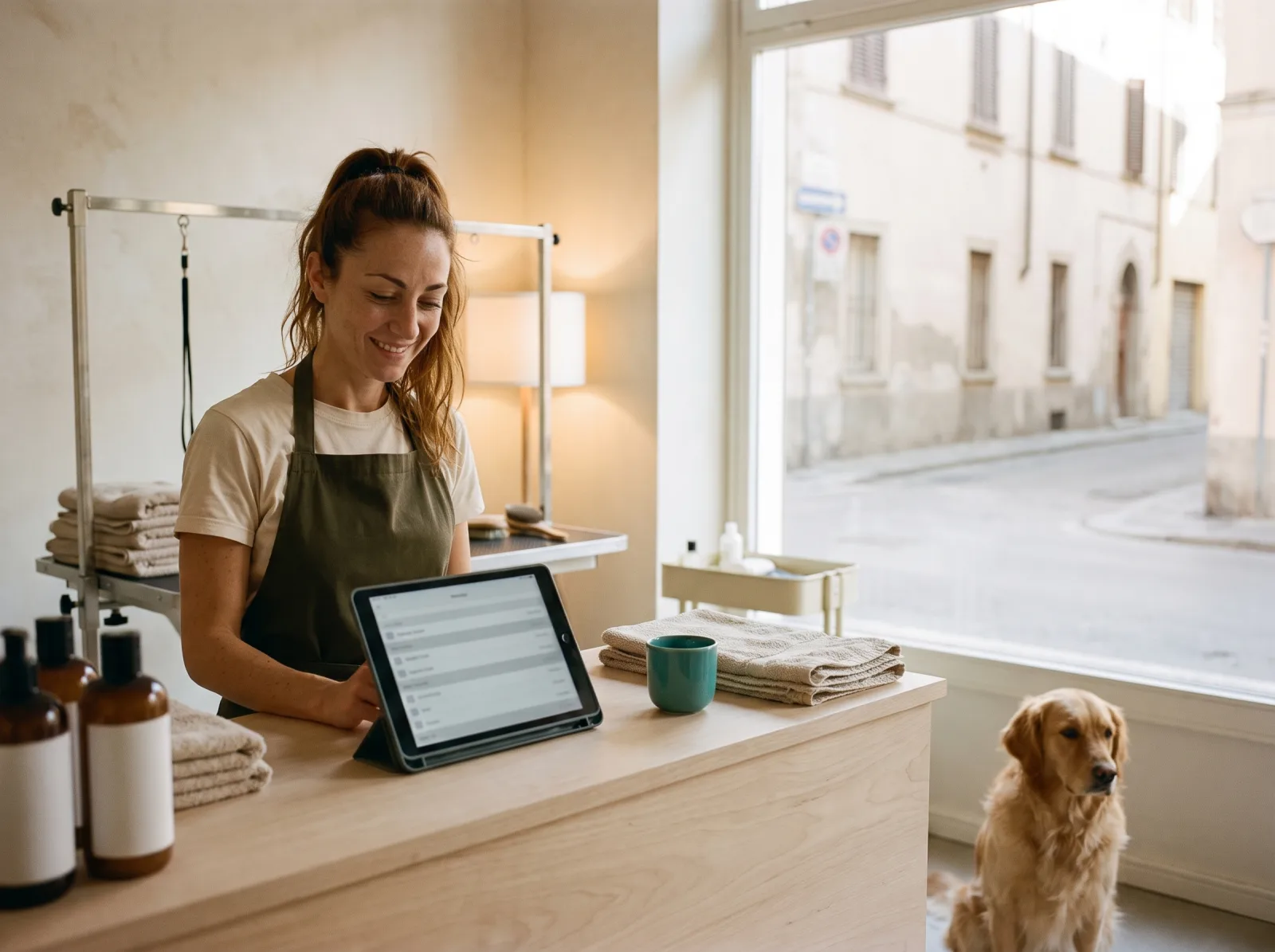 Titolare al banco che guarda sul tablet chi non passa da un po’, negozio aperto e luminoso