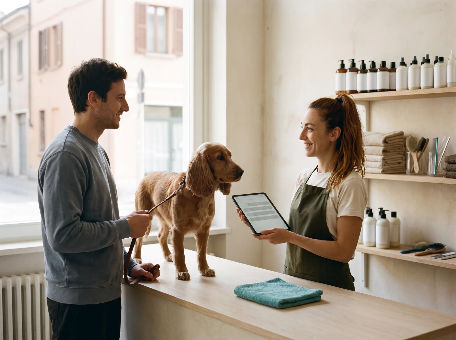 Cliente che ritira il cane al banco mentre la titolare fissa il prossimo appuntamento sul tablet, tutti e due sorridenti