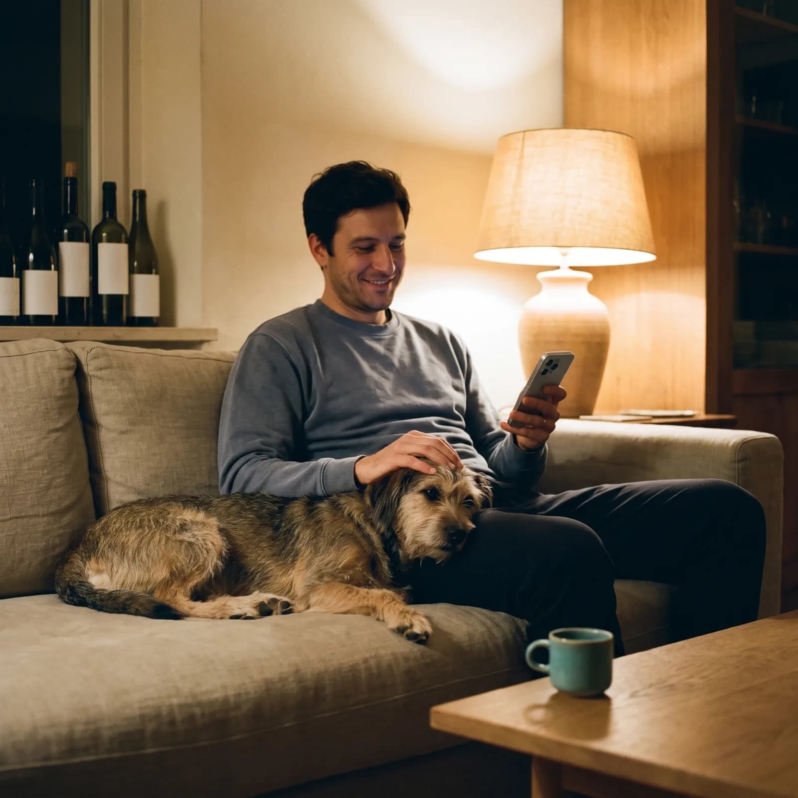 Cliente che prenota dal divano di casa con il cane accanto