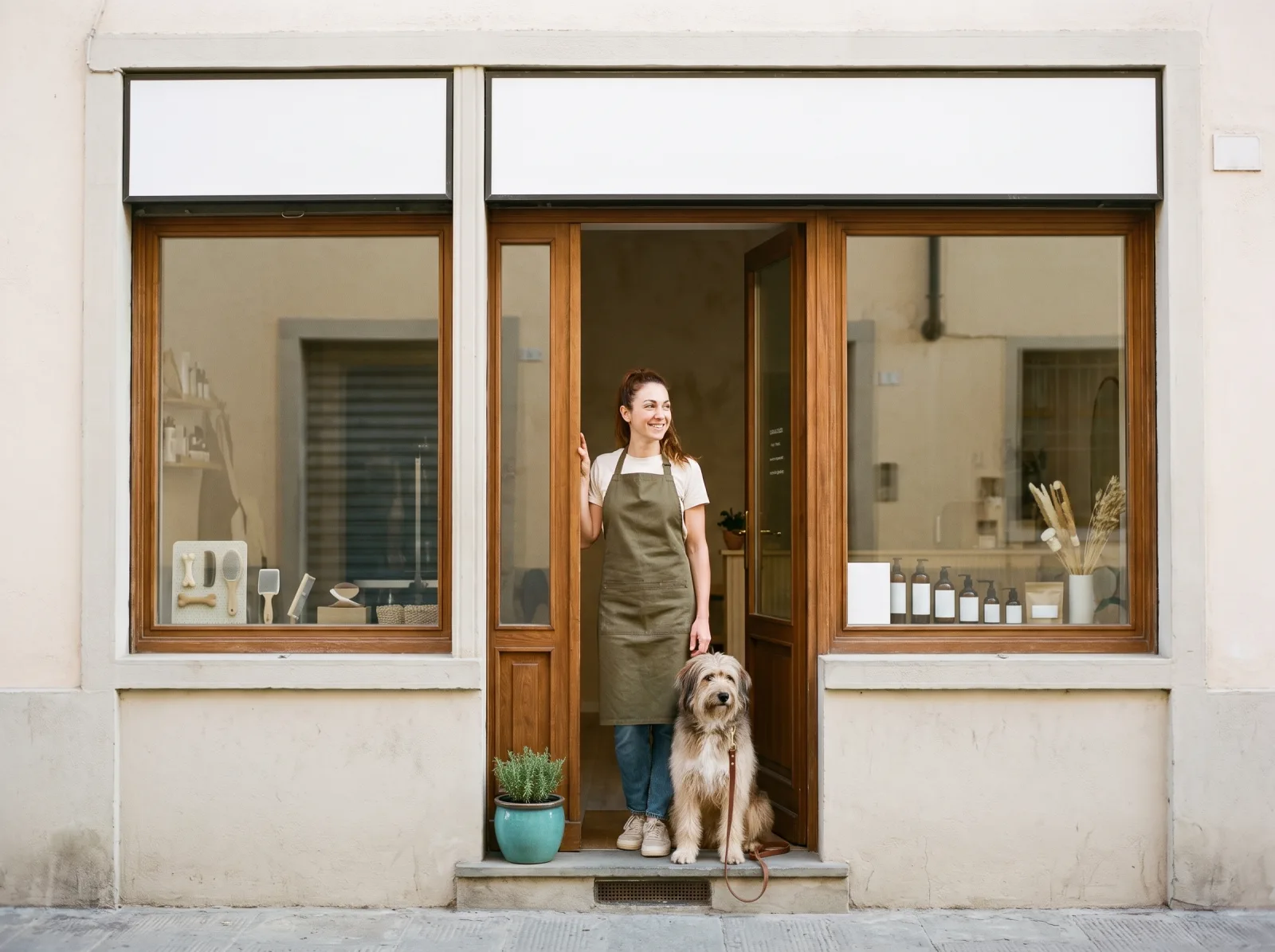 Titolare sulla porta con il cane al guinzaglio, fra le due vetrine affiancate dello stesso negozio